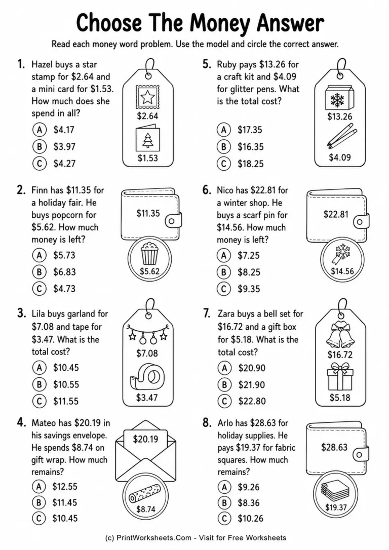 Choose the Money Answer Worksheet Multiple choice money word problems Grade 4