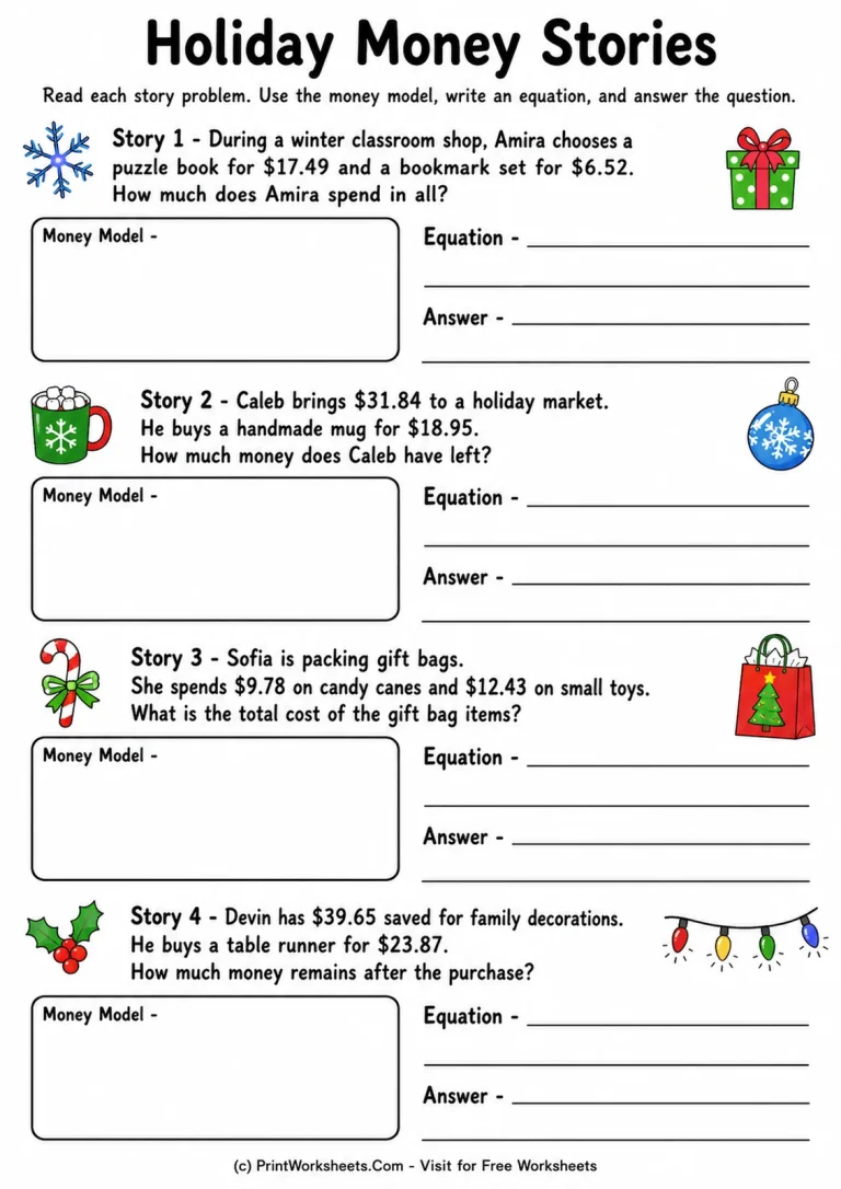 Holiday Money Stories Worksheet Holiday decimal money stories with equations