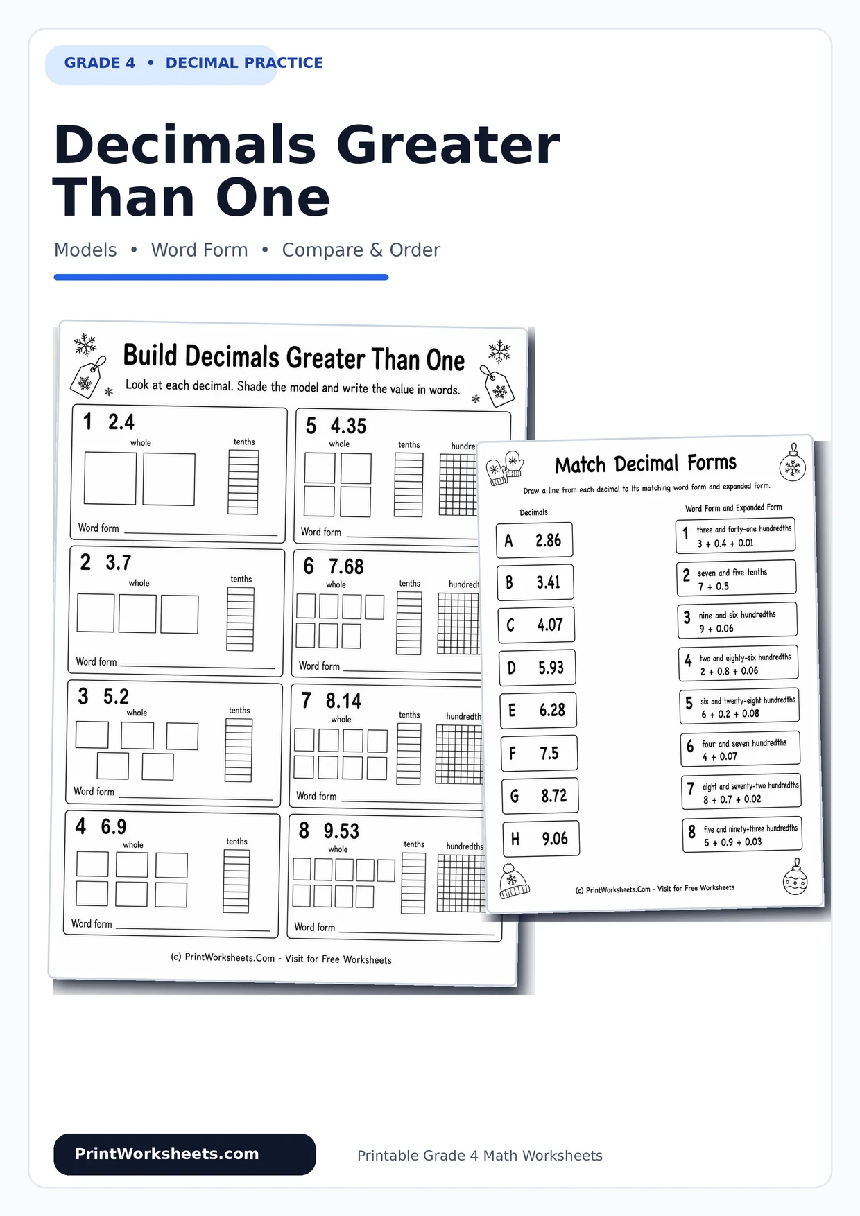 Decimals Worksheets Worksheet - Decimals Greater Than One Worksheets for Grade 4 | Free Printable