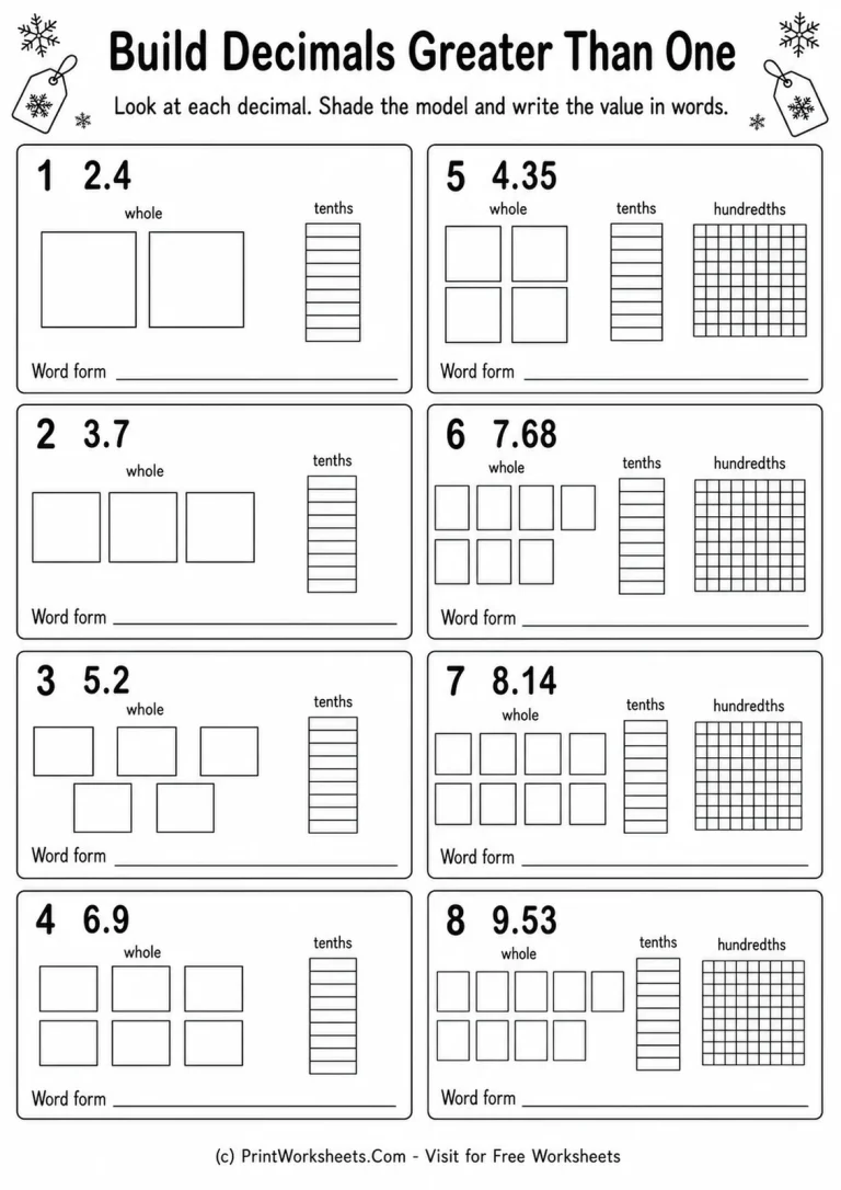 Build Decimals Greater Than One Grade 4 decimal models greater than one worksheet
