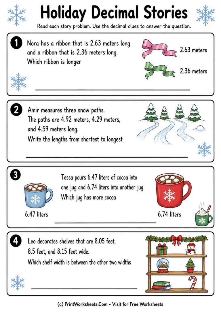 Holiday Decimal Stories Decimal comparison and ordering holiday story problems worksheet
