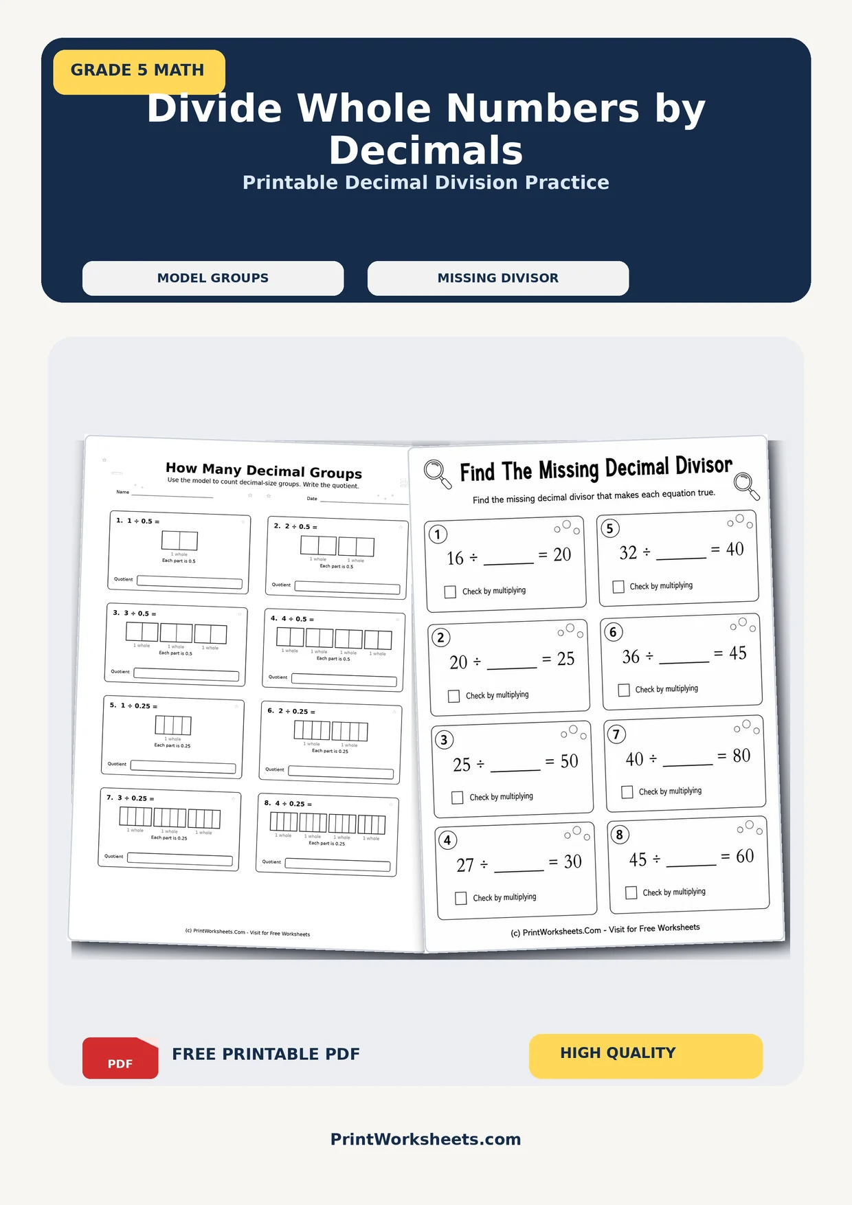 Decimals Worksheets Worksheet - Divide Whole Numbers by Decimals Worksheets for Grade 5 | Free Printable