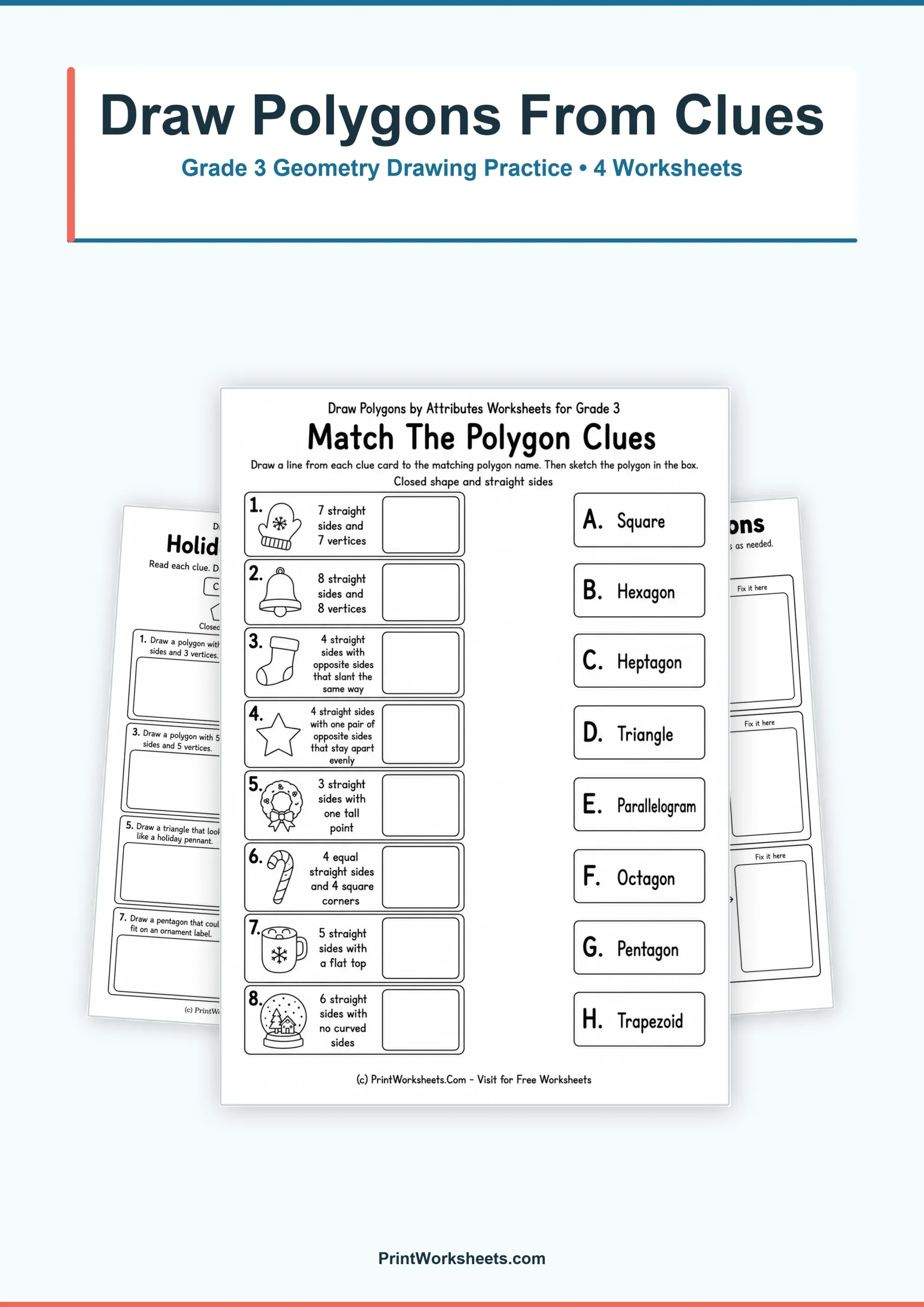 Geometry Worksheets Worksheet - Draw Polygons by Attributes Worksheets for Grade 3 | Free Printable