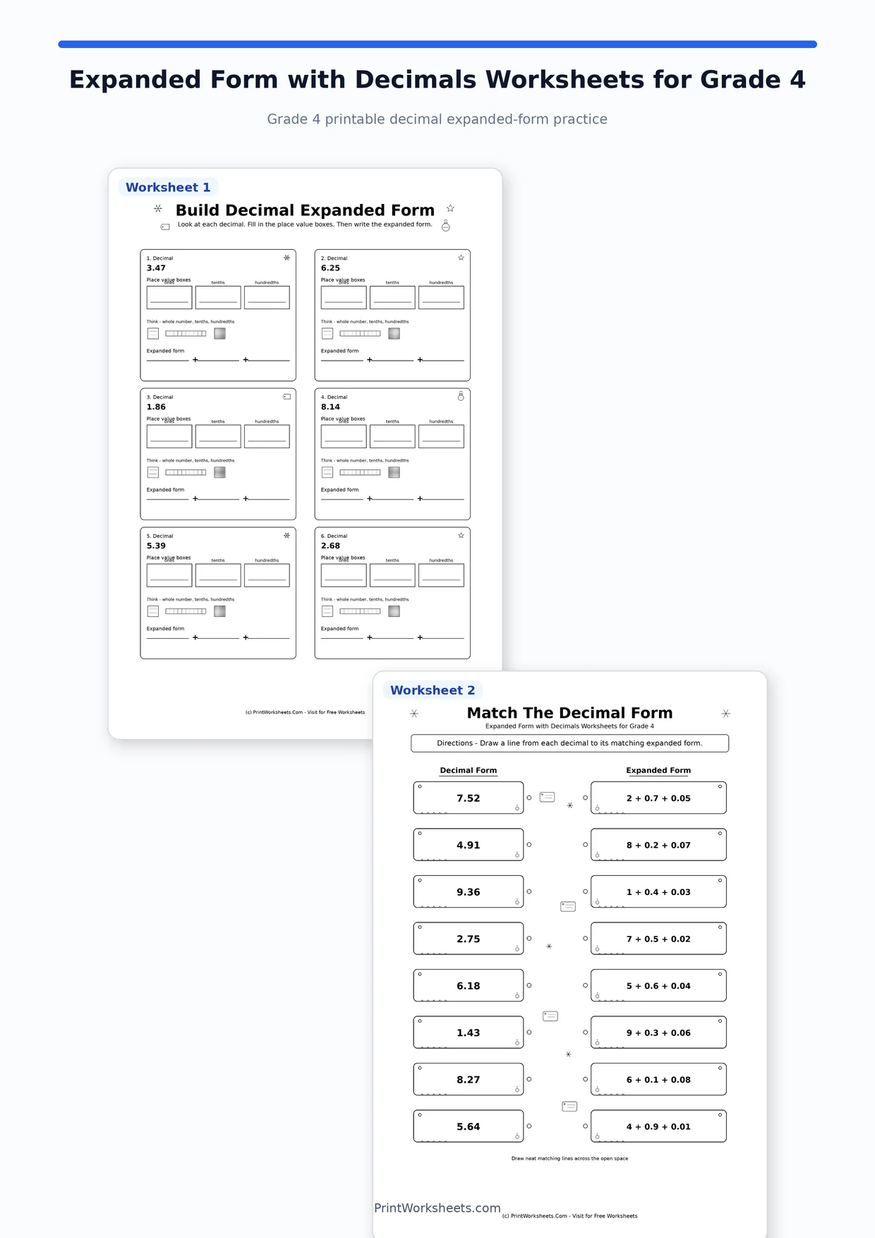 Decimals Worksheets Worksheet - Expanded Form with Decimals Worksheets for Grade 4 | Free Printable