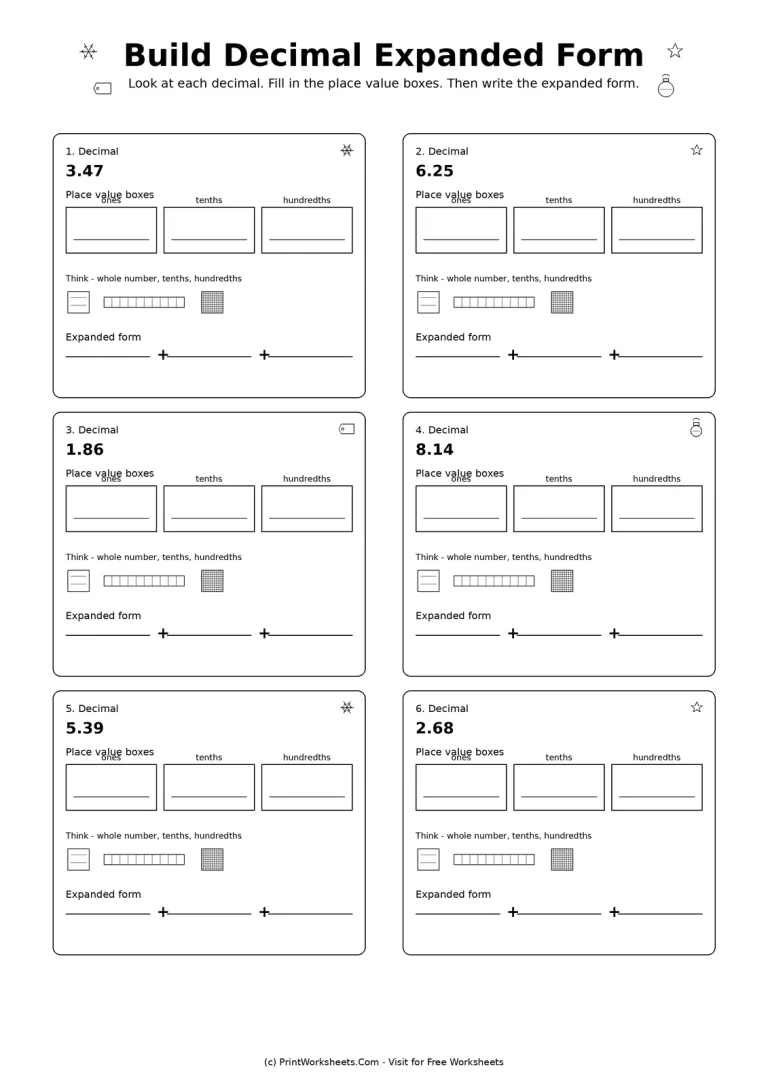 Build Decimal Expanded Form Worksheet Grade 4 decimal expanded form place value boxes