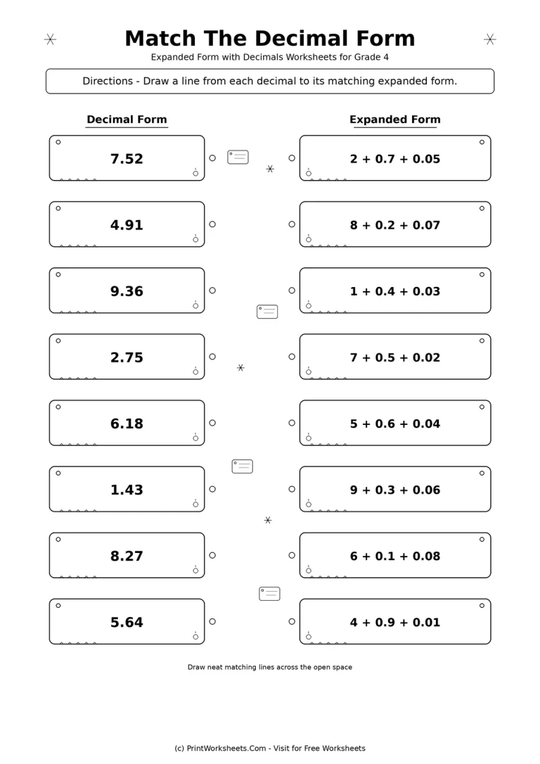 Match the Decimal Form Worksheet Match decimals to expanded form Grade 4