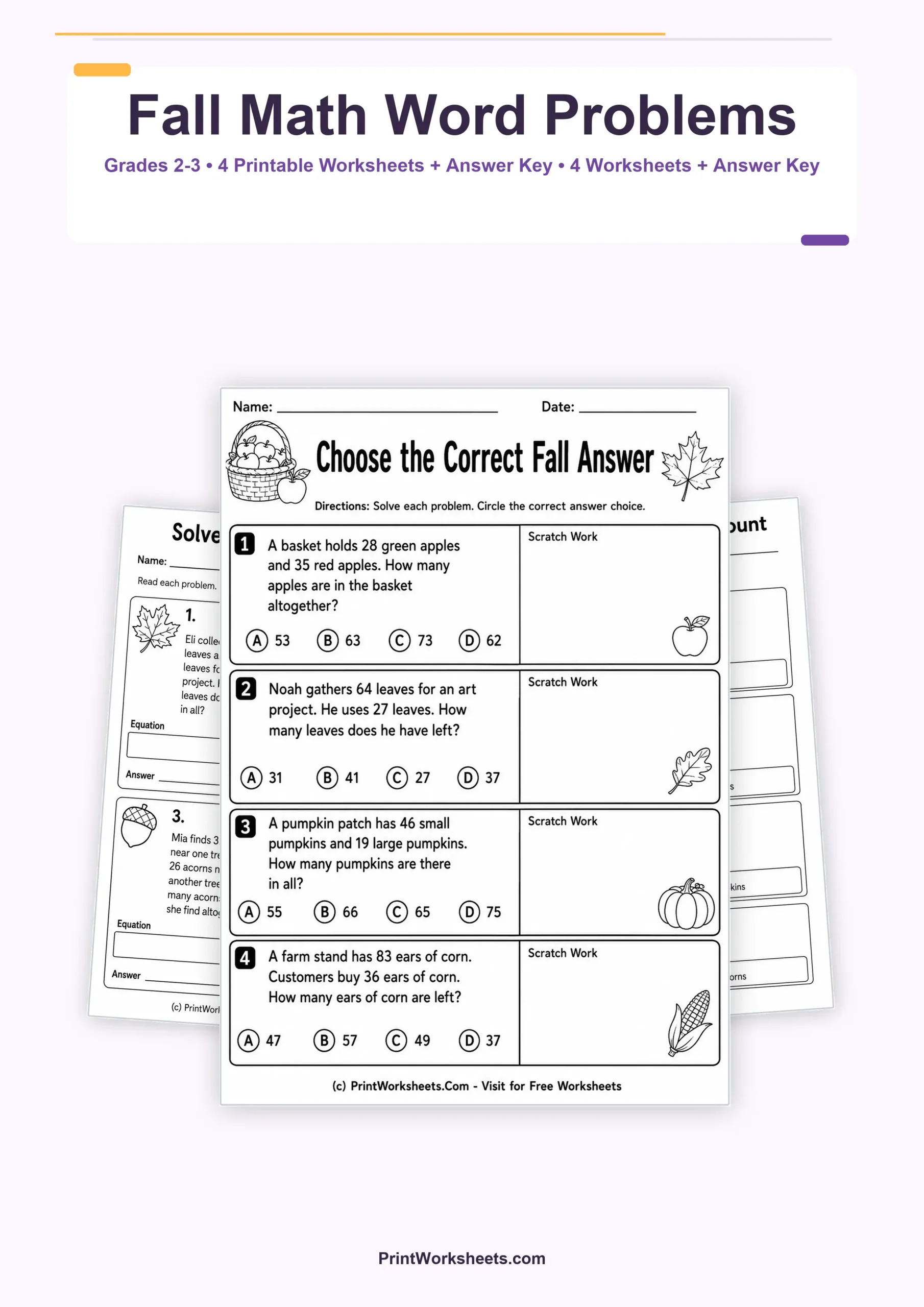 Word Problems Worksheet - Fall Math Word Problems Worksheets for Grades 2-3 | Free Printable