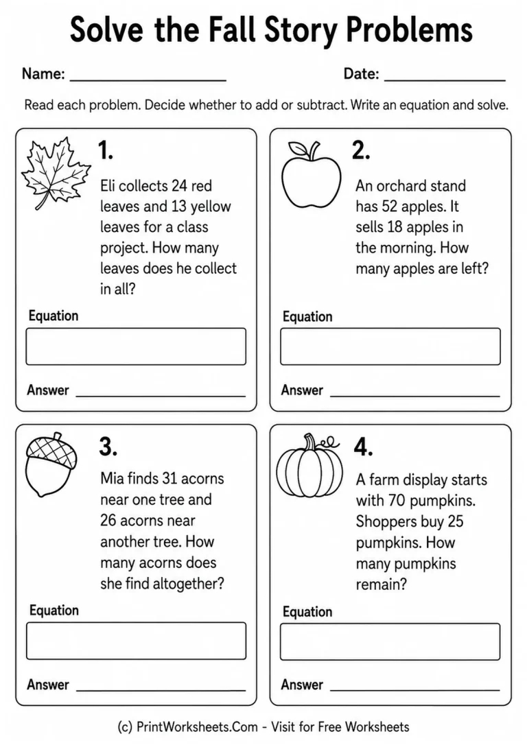 Solve the Fall Story Problems printable worksheet