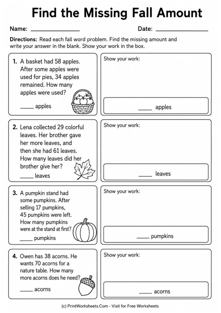 Find the Missing Fall Amount printable worksheet