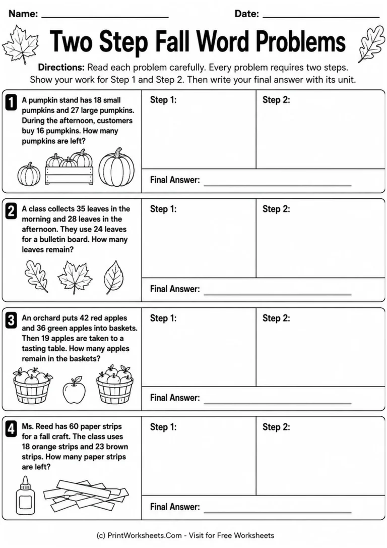 Two Step Fall Word Problems printable worksheet
