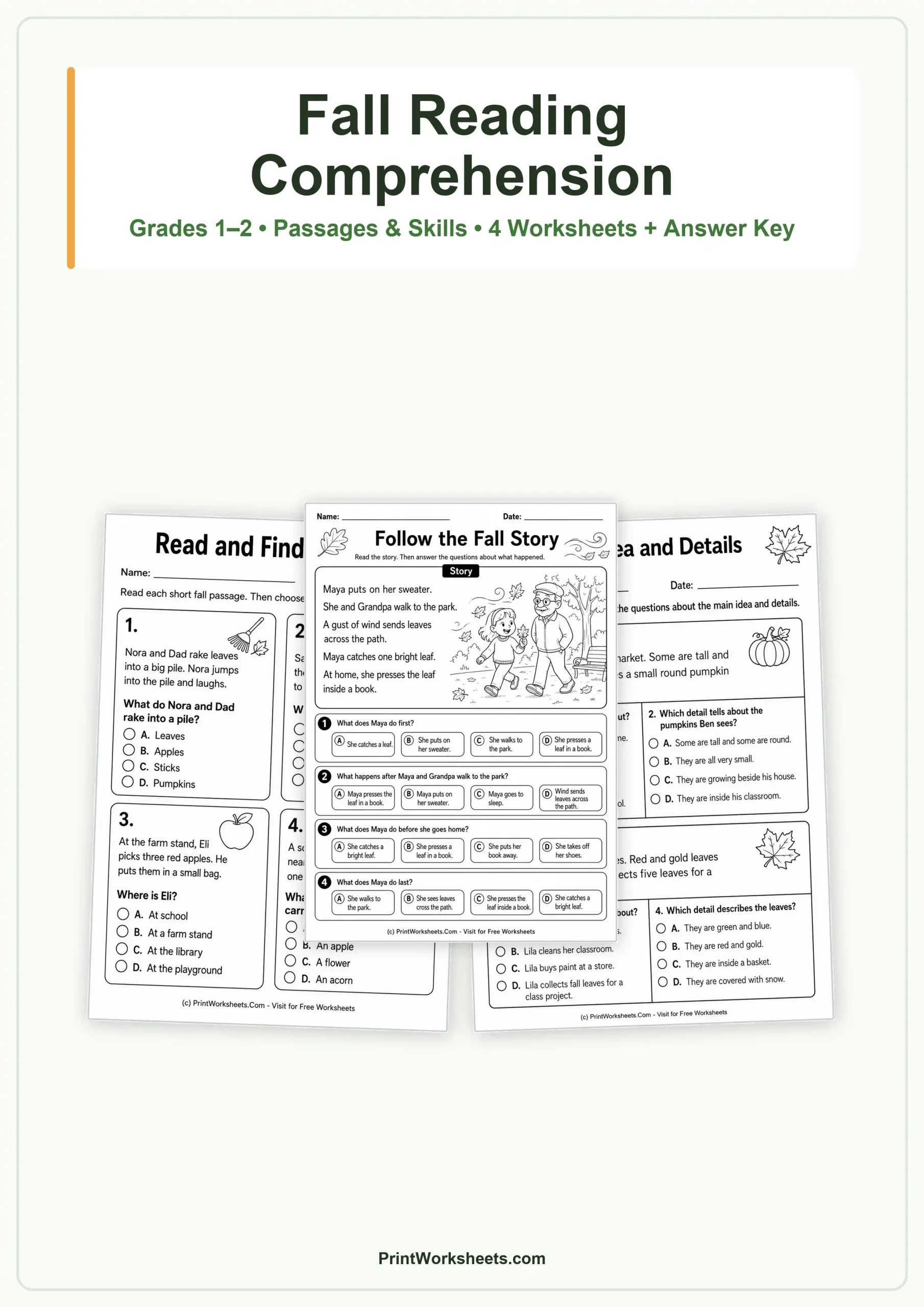 Reading Comprehension Worksheet - Fall Reading Comprehension Passages for Grades 1–2 | Free Printable