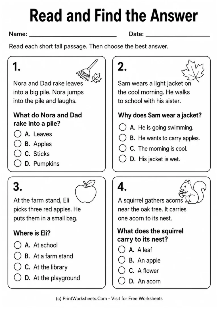 Fall reading comprehension worksheet with four short passages and multiple-choice questions for Grades 1–2