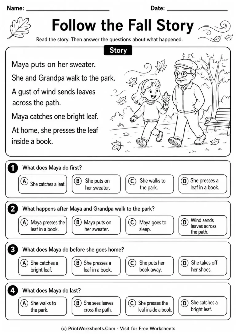 Fall story sequencing worksheet about Maya and Grandpa walking to the park