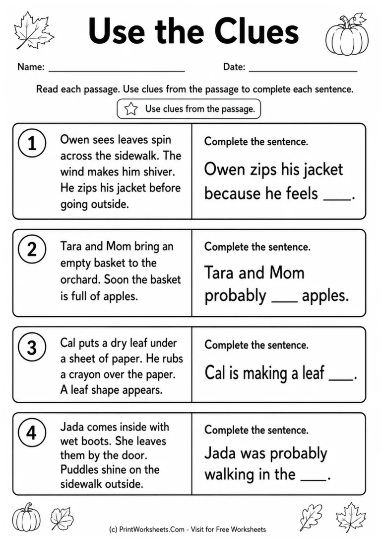 Fall inference worksheet using passage clues to complete sentences