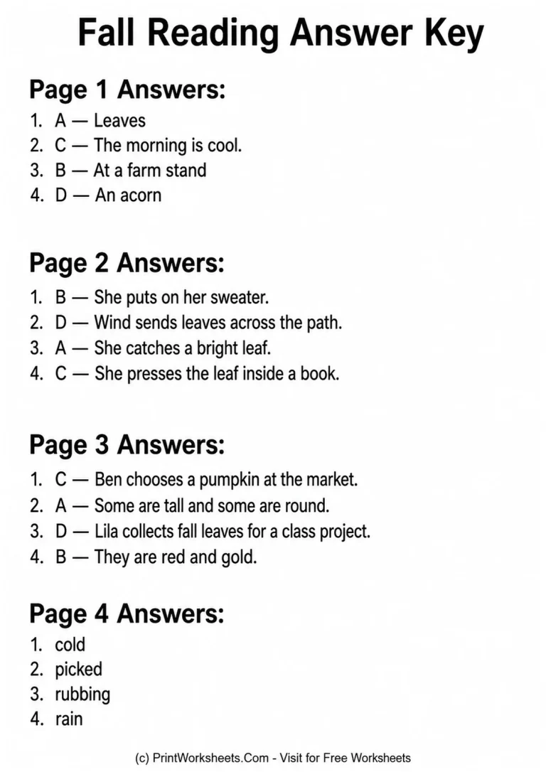 Answer key for fall reading comprehension passages worksheets for Grades 1–2