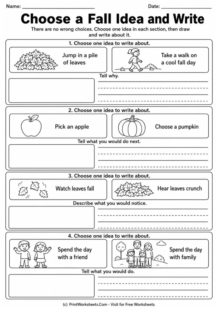 Choose a Fall Idea and Write Choose a Fall Idea and Write printable worksheet