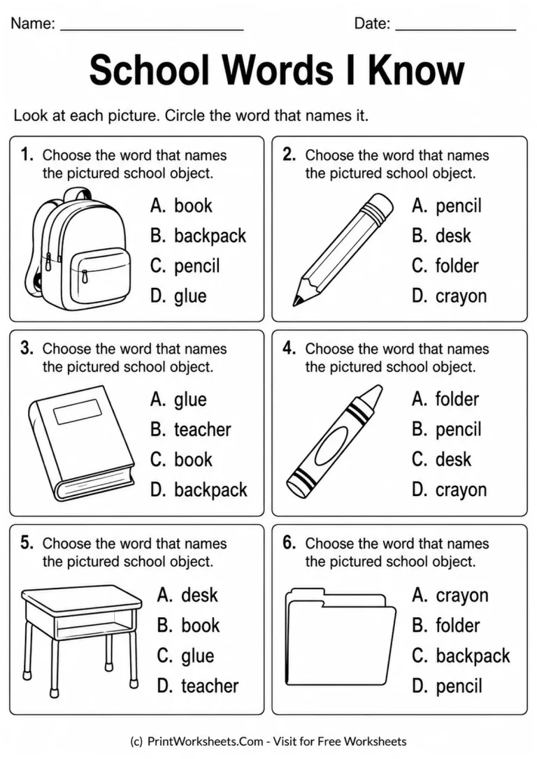 School Words I Know Worksheet School vocabulary picture worksheet for kindergarten and grade 1