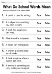 School word meanings True or False worksheet for kindergarten and grade 1