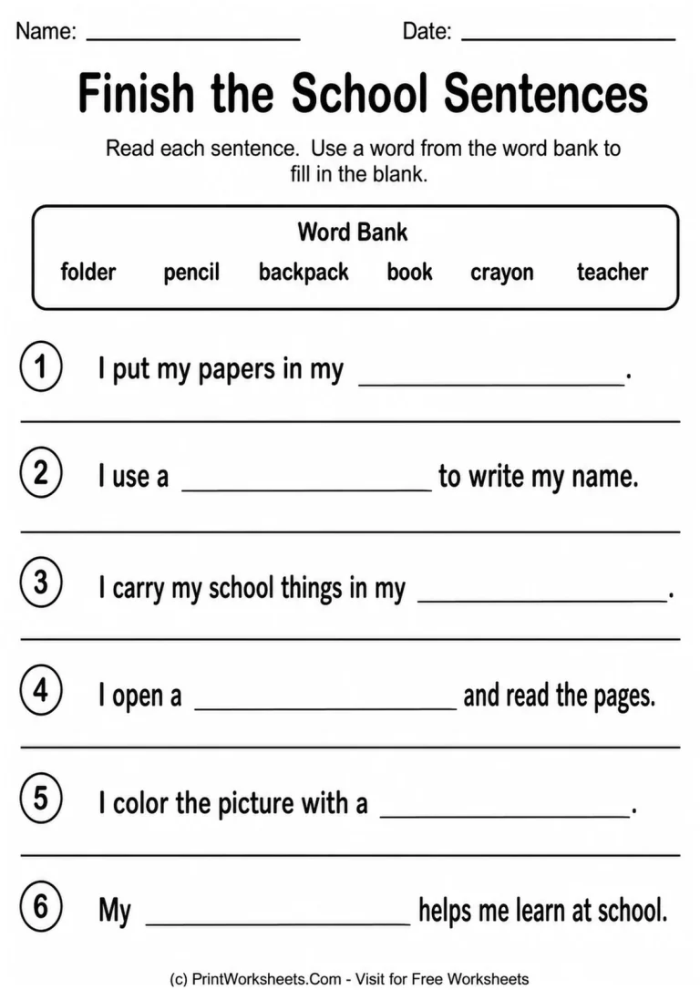 Finish the School Sentences Worksheet School vocabulary fill in the blank worksheet for kindergarten and grade 1