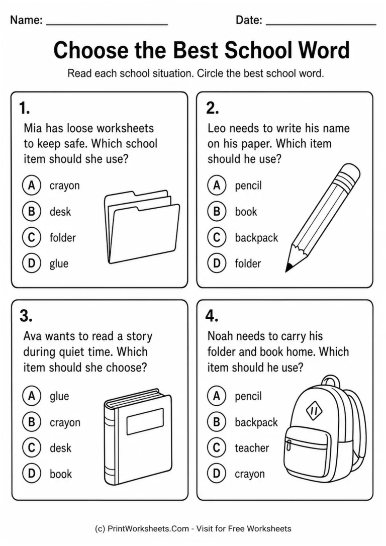 Choose the Best School Word Worksheet School situation vocabulary worksheet for kindergarten and grade 1