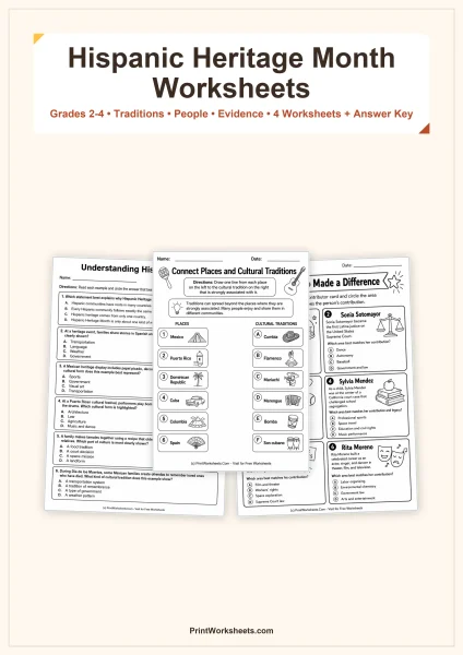 Hispanic Heritage Month Culture and Contributions Worksheets for Grades 2-4