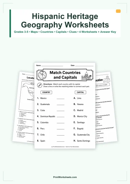 Hispanic Heritage Month Geography Worksheets for Grades 3-5