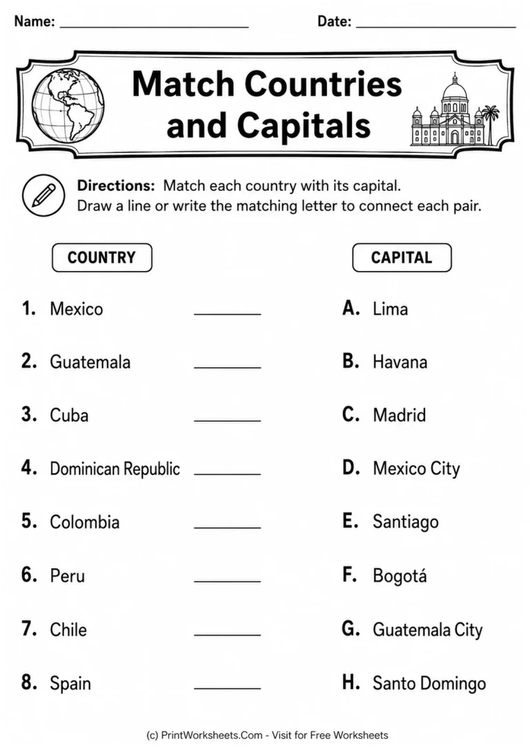 Match Countries and Capitals Match Countries and Capitals printable worksheet