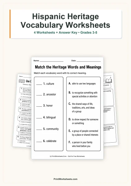 Hispanic Heritage Month Vocabulary Worksheets for Grades 3-5