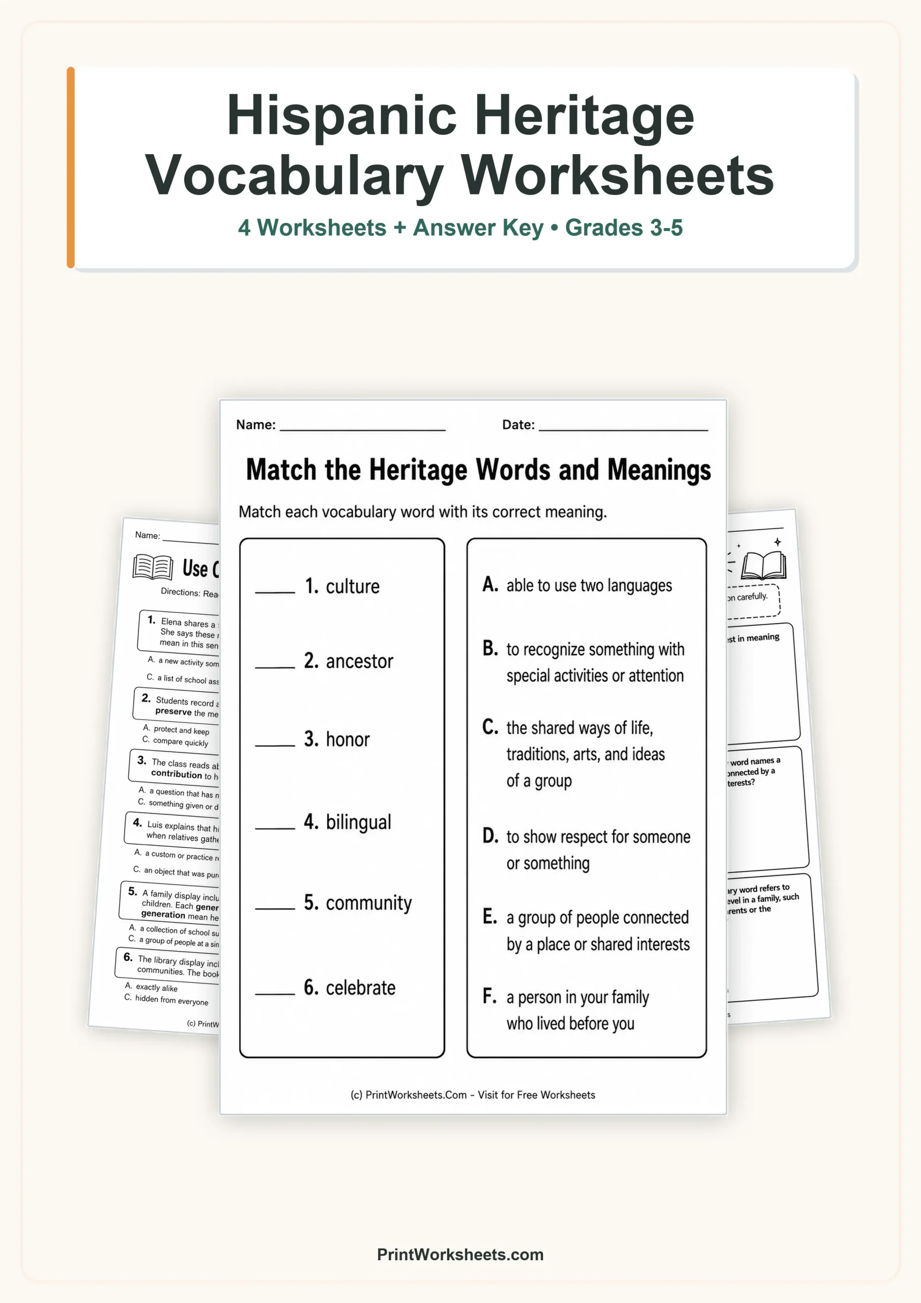 Hispanic Heritage Month Worksheets Worksheet - Hispanic Heritage Month Vocabulary Worksheets for Grades 3-5 | Free Printable
