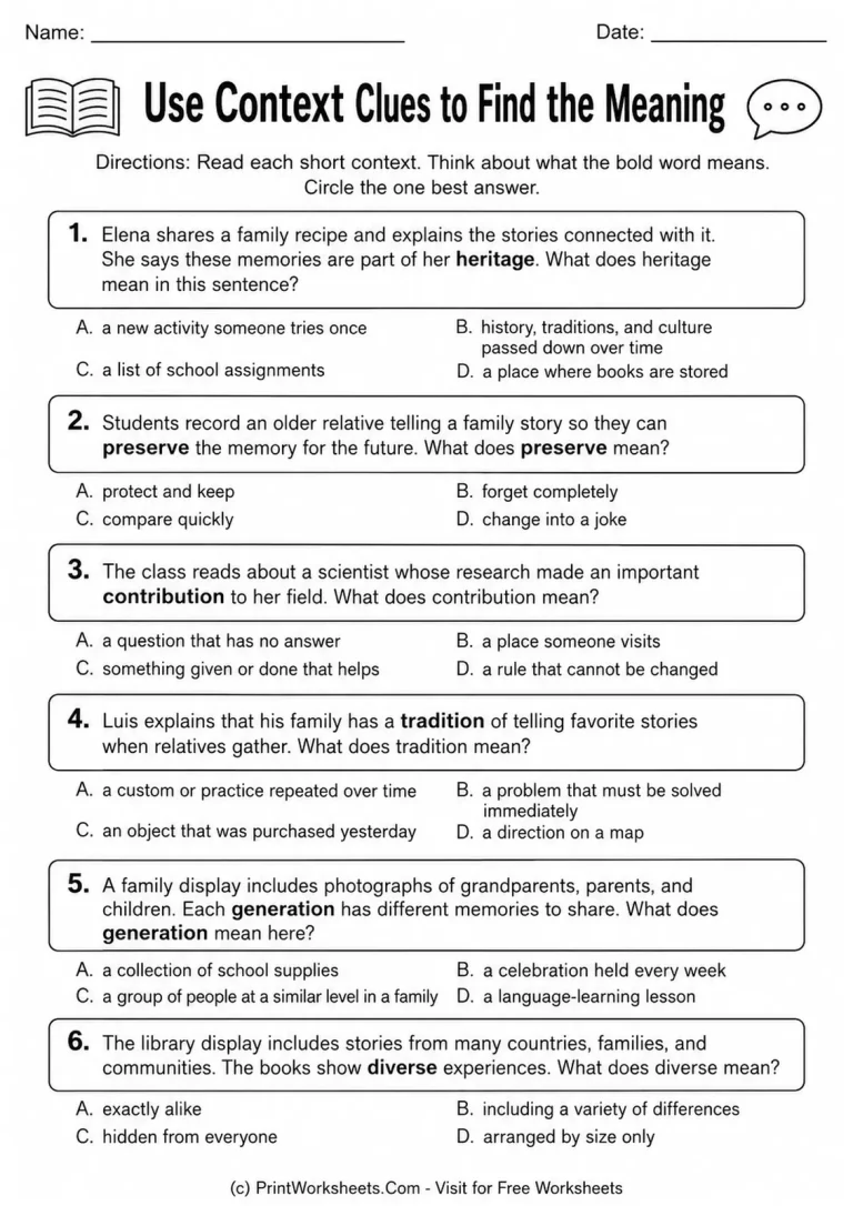 Hispanic Heritage Month context clues vocabulary worksheet for grades 3-5