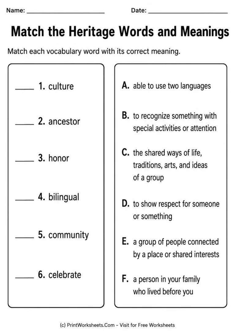 Hispanic Heritage Month vocabulary matching worksheet for grades 3-5
