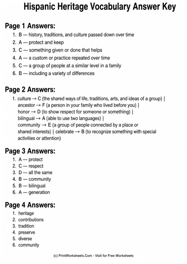 Hispanic Heritage Month vocabulary worksheets answer key for grades 3-5