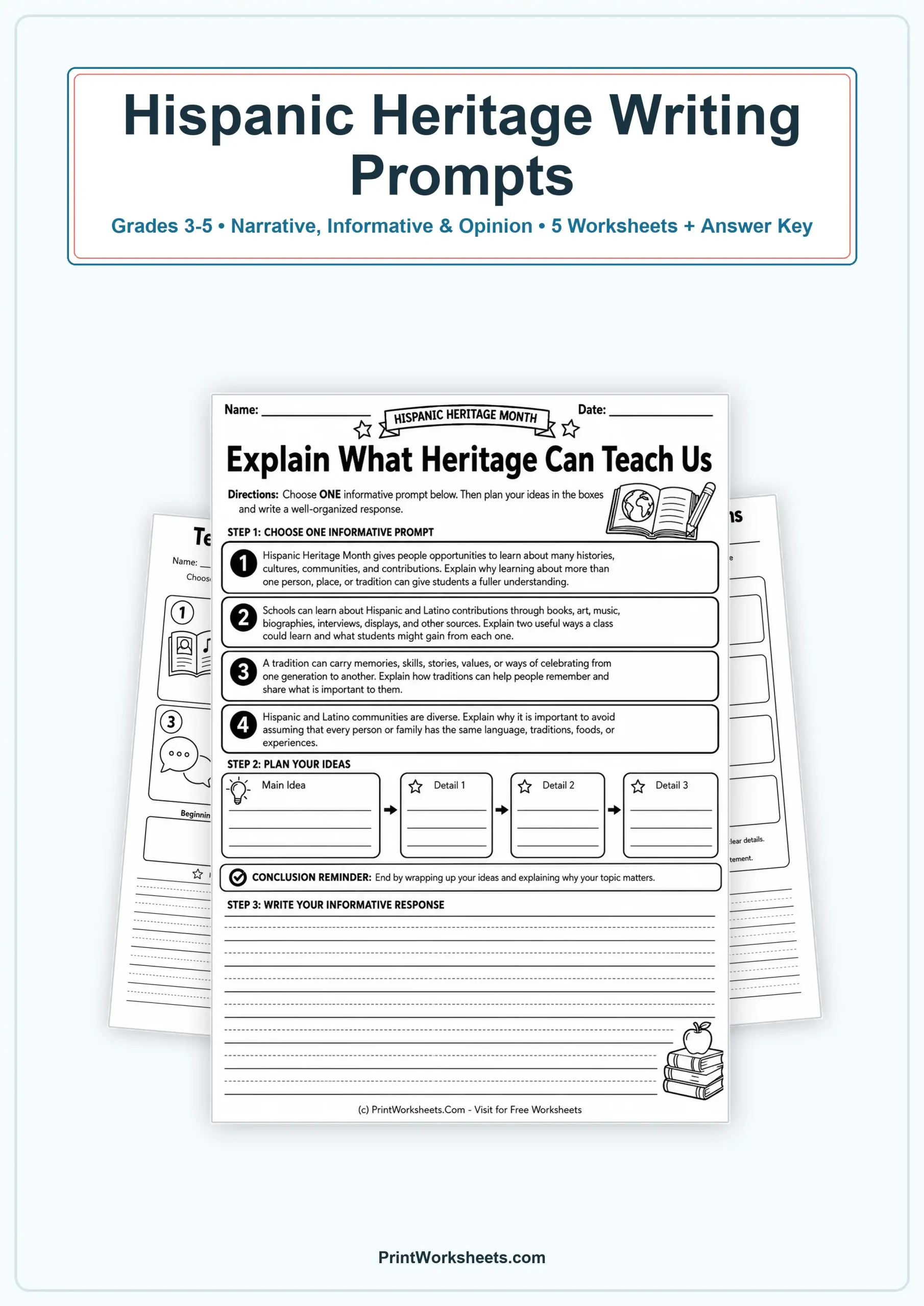 Hispanic Heritage Month Worksheets Worksheet - Hispanic Heritage Month Writing Prompts for Grades 3-5 | Free Printable