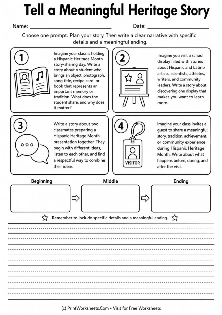 Hispanic Heritage Month narrative writing prompts worksheet with beginning middle ending planner