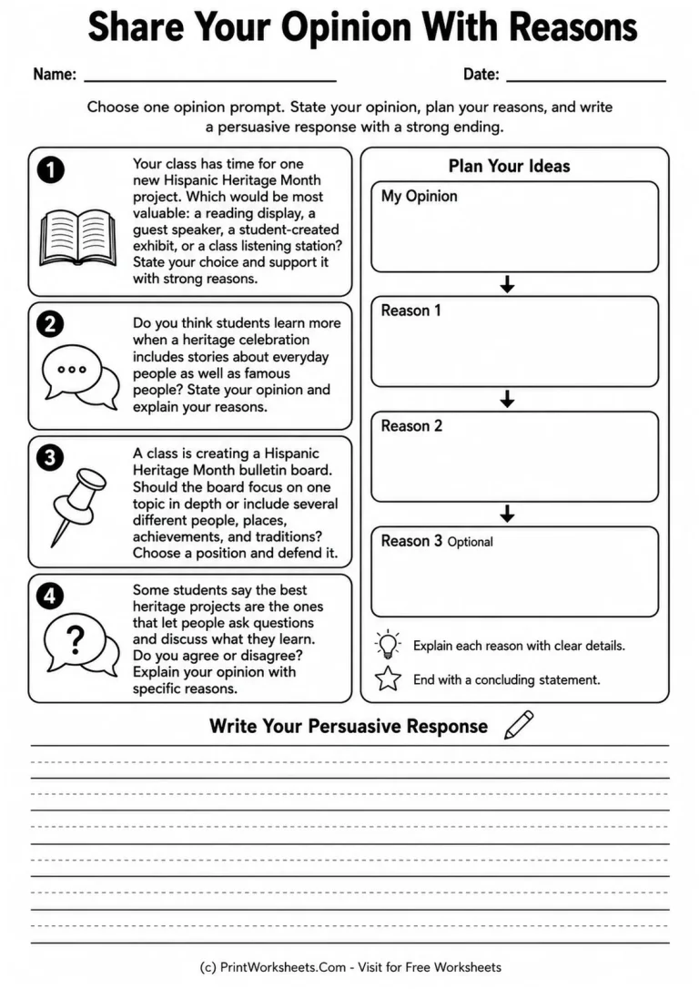 Hispanic Heritage Month opinion writing prompts worksheet with reasons organizer