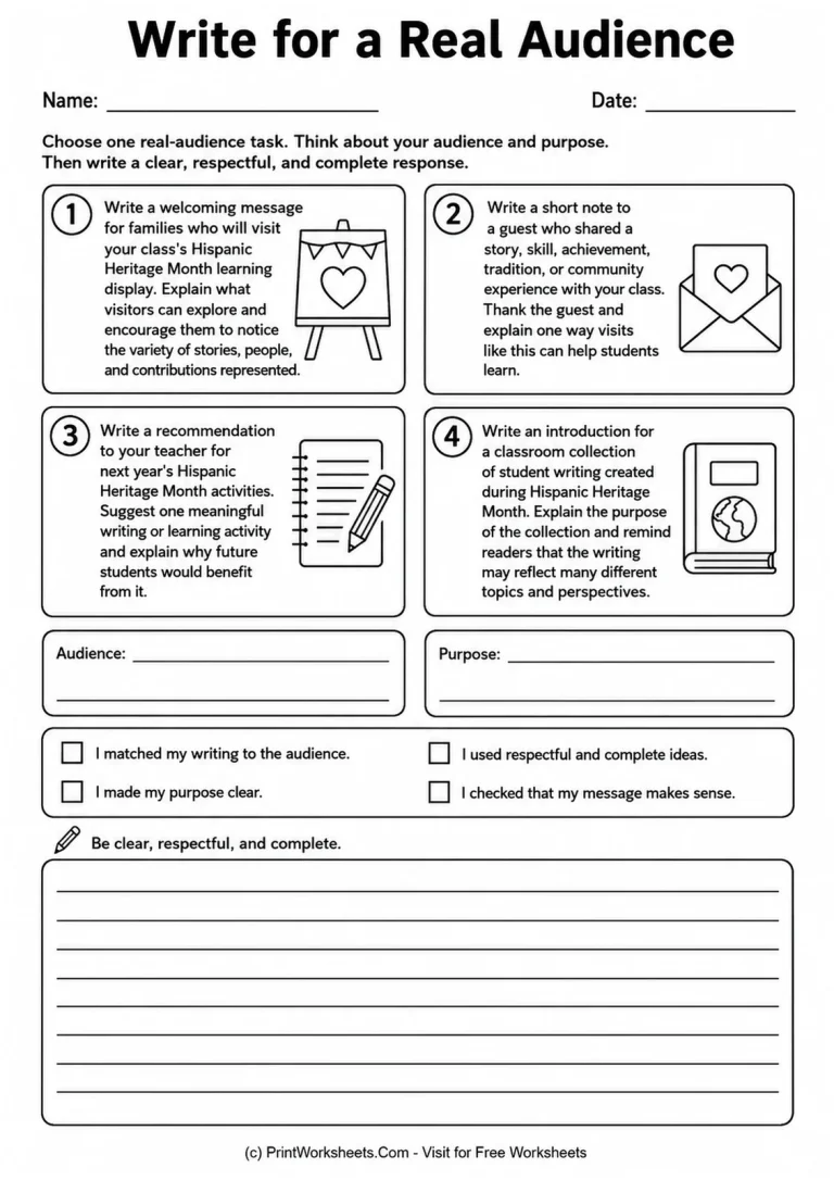 Hispanic Heritage Month real audience writing worksheet for messages recommendations and notes