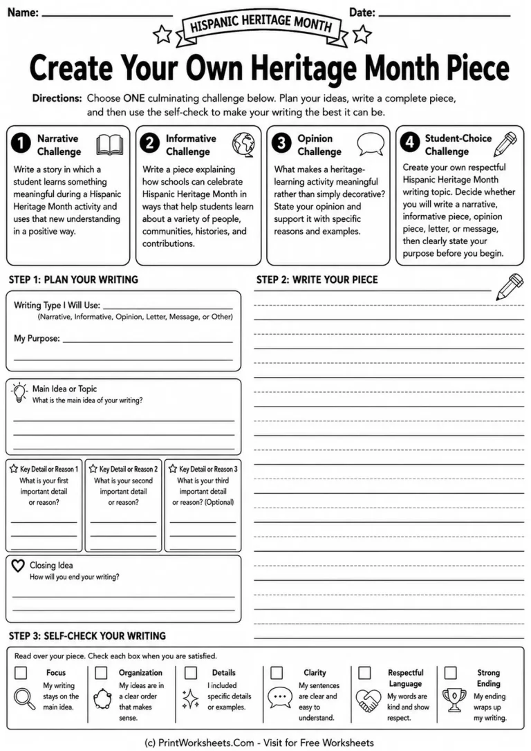 Hispanic Heritage Month student choice writing worksheet with planning and self-check