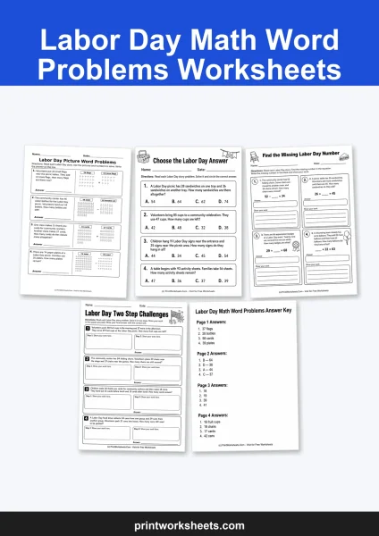 Labor Day Math Word Problems Worksheets for Grades 2-3