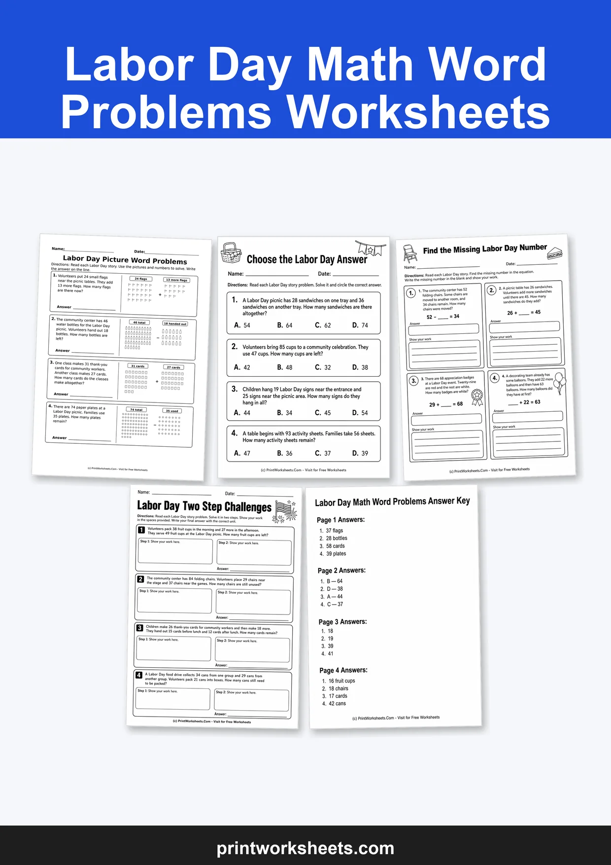 Labor Day Worksheets Worksheet - Labor Day Math Word Problems Worksheets for Grades 2-3 | Free Printable