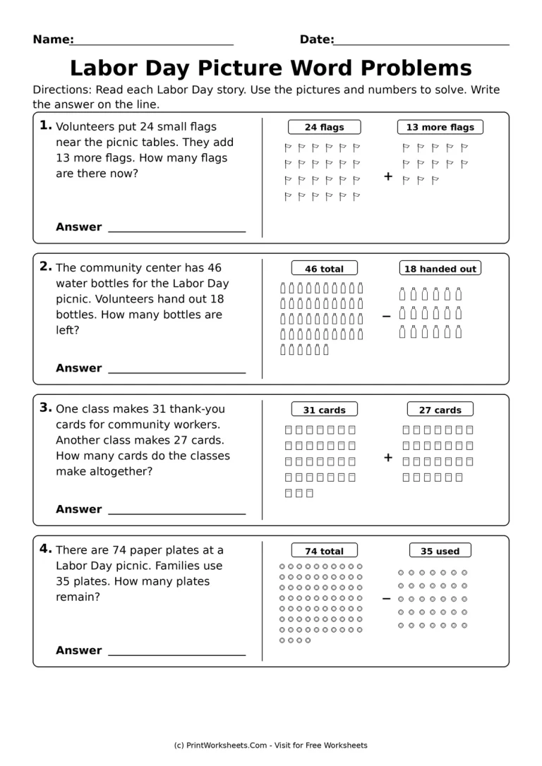 Labor Day Picture Word Problems Worksheet labor day math word problems worksheets for grade 2 to grade 3