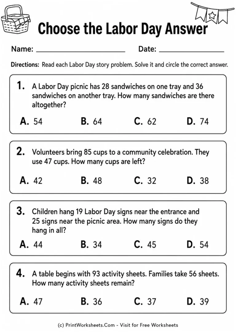 Choose the Labor Day Answer Worksheet Labor Day multiple choice math word problems worksheet grades 2-3
