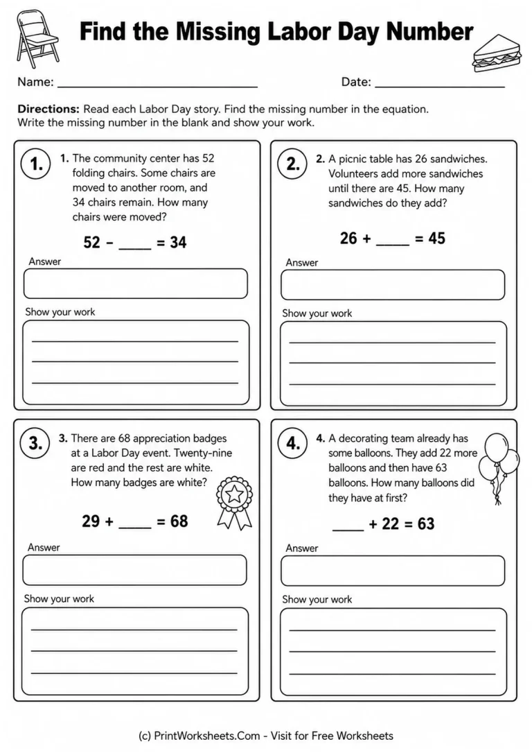 Find the Missing Labor Day Number Worksheet Find the missing Labor Day number worksheet grades 2-3