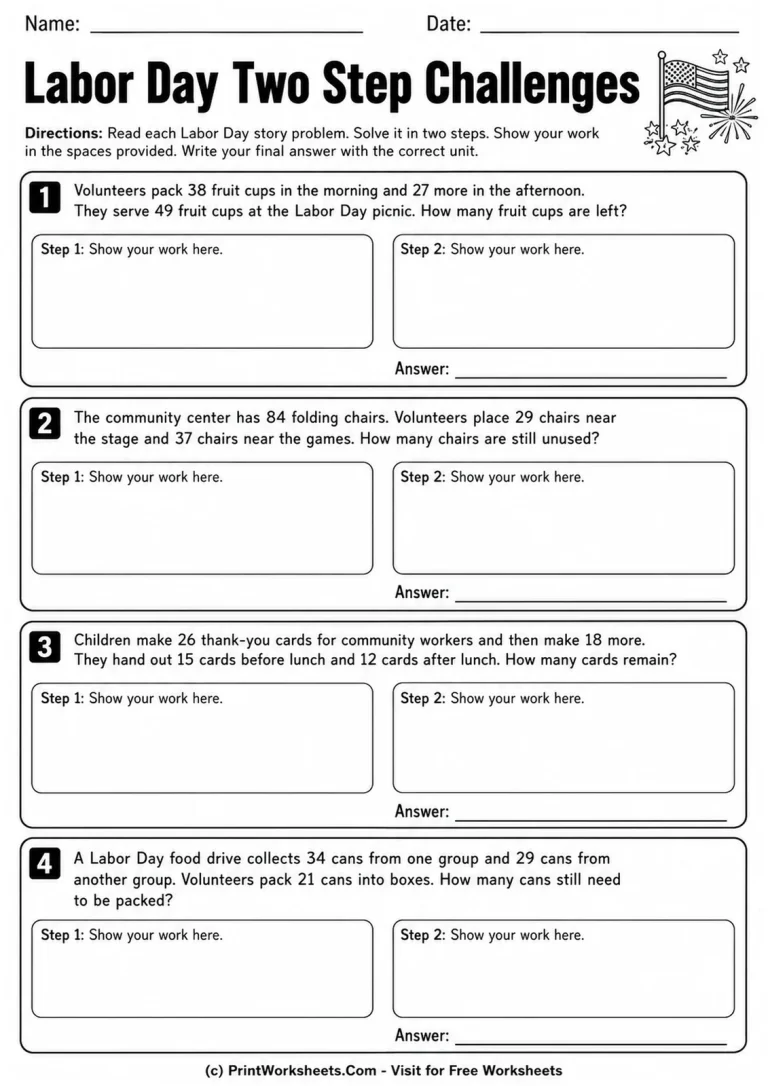Labor Day Two Step Challenges Worksheet Labor Day two step math word problems worksheet grades 2-3