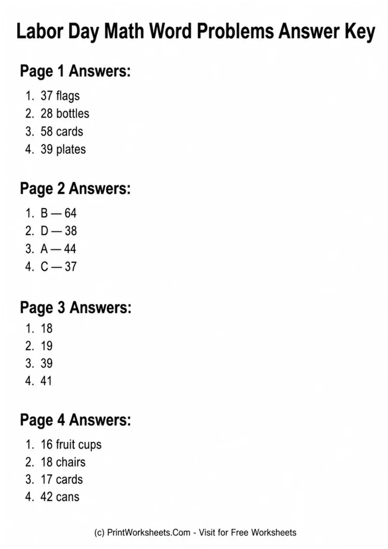 Labor Day Math Word Problems Answer Key Labor Day math word problems answer key grades 2-3
