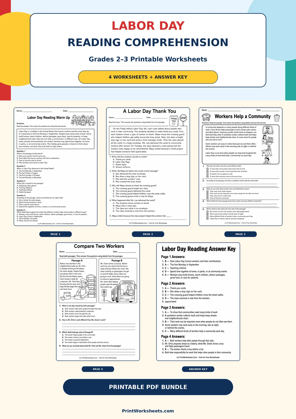 Labor Day Worksheets Worksheet - Labor Day Reading Comprehension Passages for Grades 2-3 | Free Printable