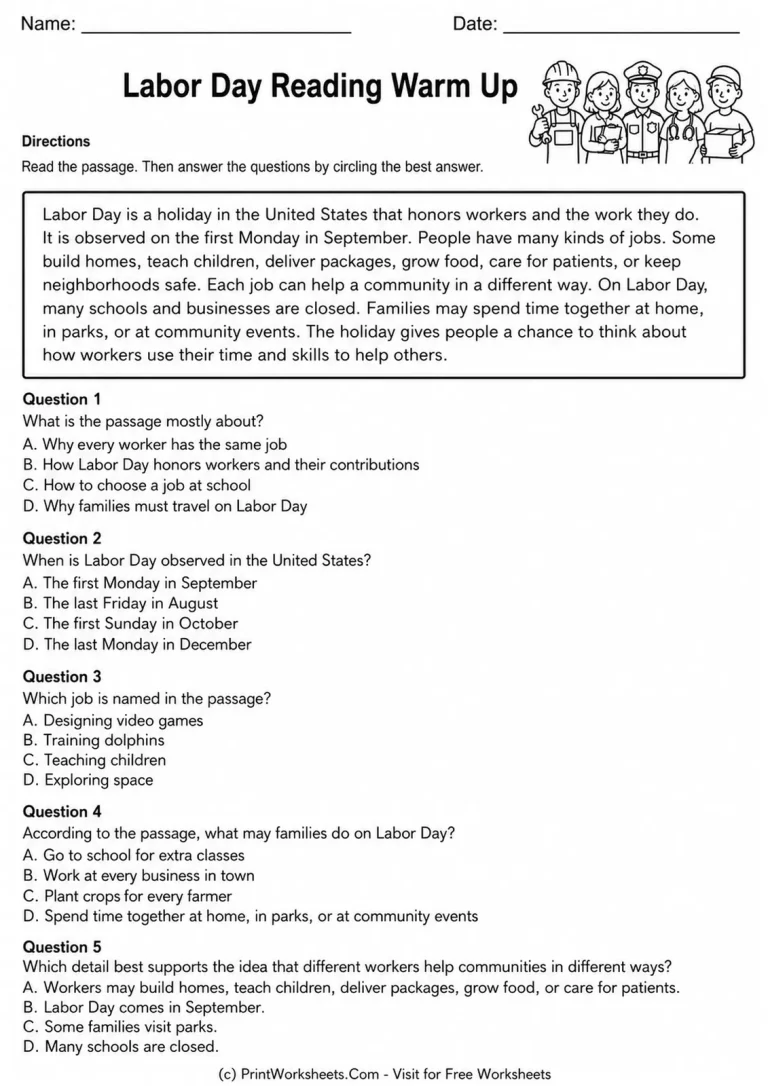 Labor Day Reading Warm Up Worksheet labor day reading comprehension passages for grade 2 to grade 3