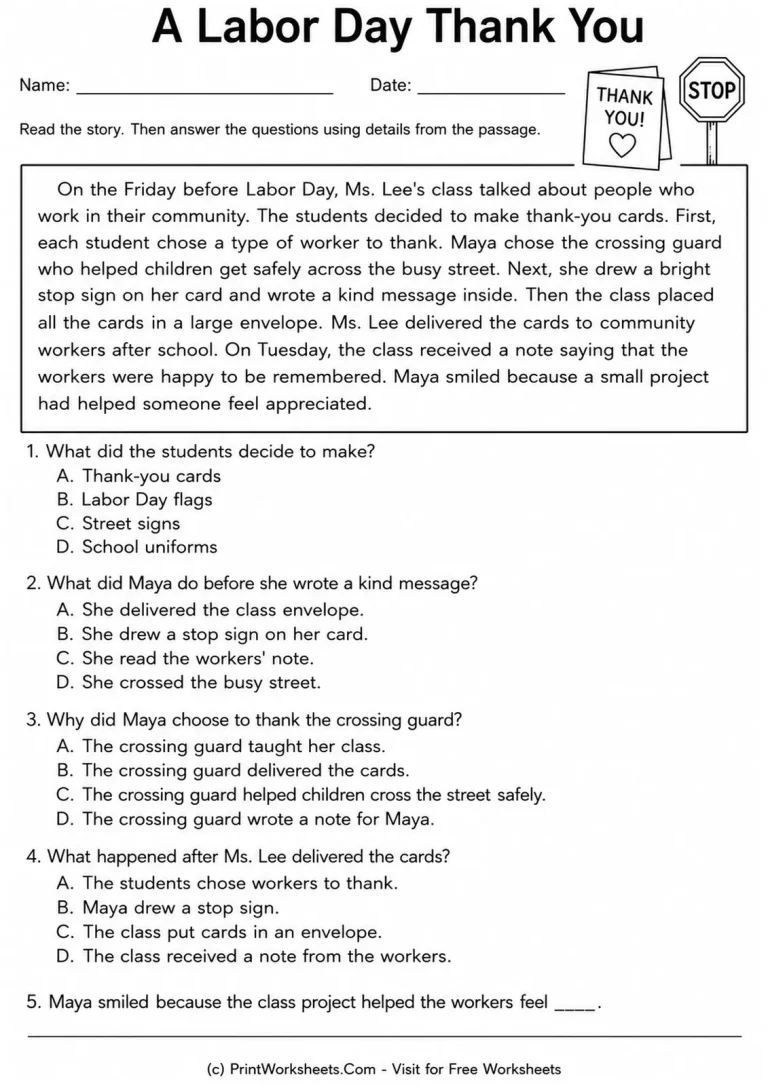 A Labor Day Thank You Worksheet Labor Day thank you reading comprehension worksheet for Grades 2-3