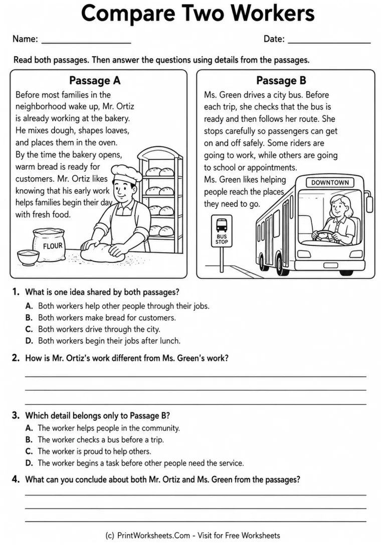 Compare Two Workers Worksheet Compare two workers paired passage reading worksheet Grades 2-3