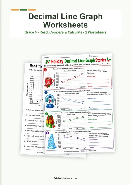 Line Graphs with Decimal Data Worksheets for Grade 5
