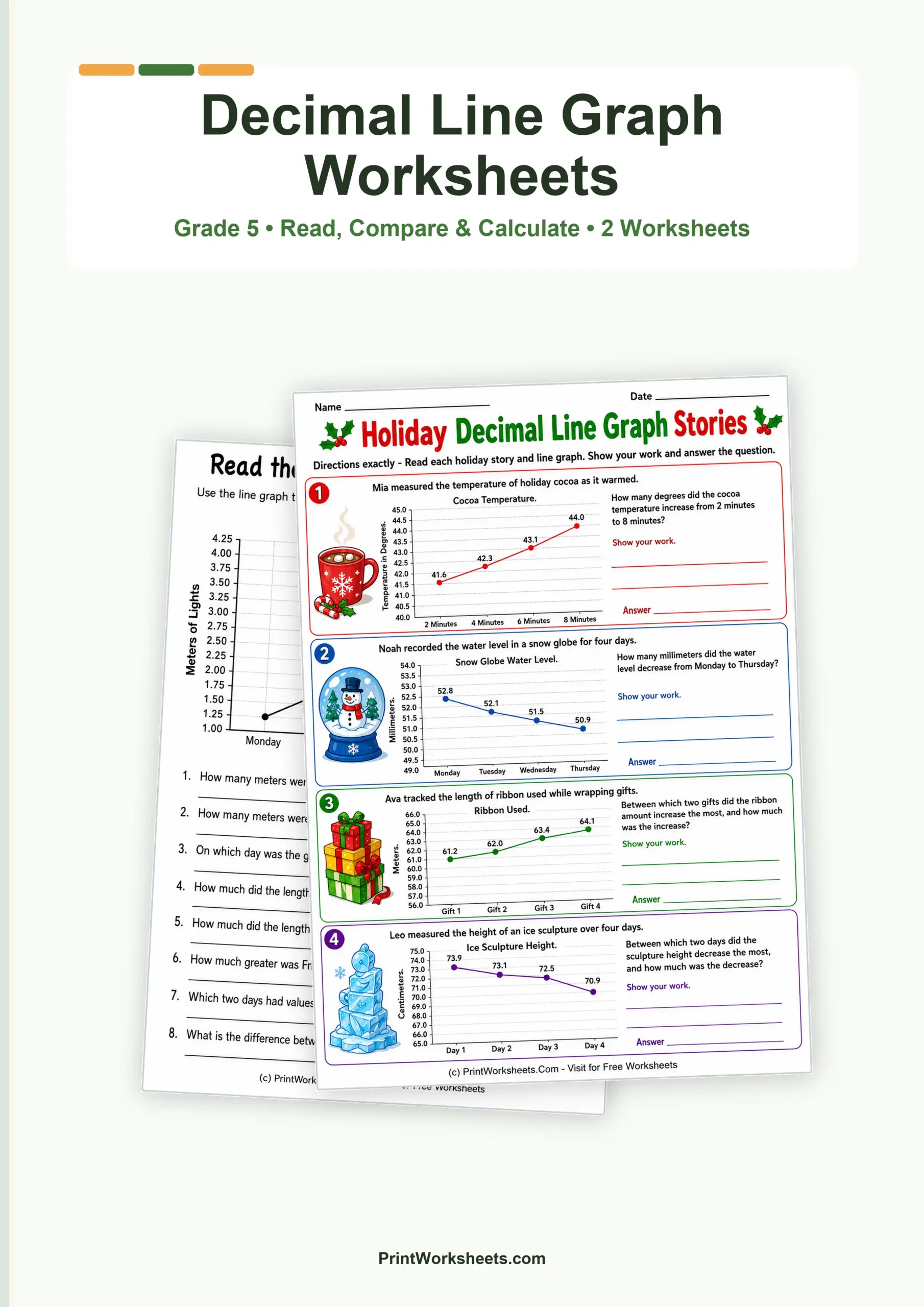 Data and Graphing Worksheet - Line Graphs with Decimal Data Worksheets for Grade 5 | Free Printable